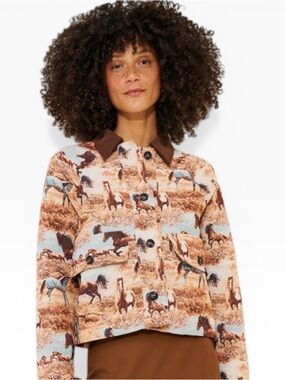 Dot and Lu Horse Denim Barn Jacket Tapestry Textured Cropped Western Boho Medium